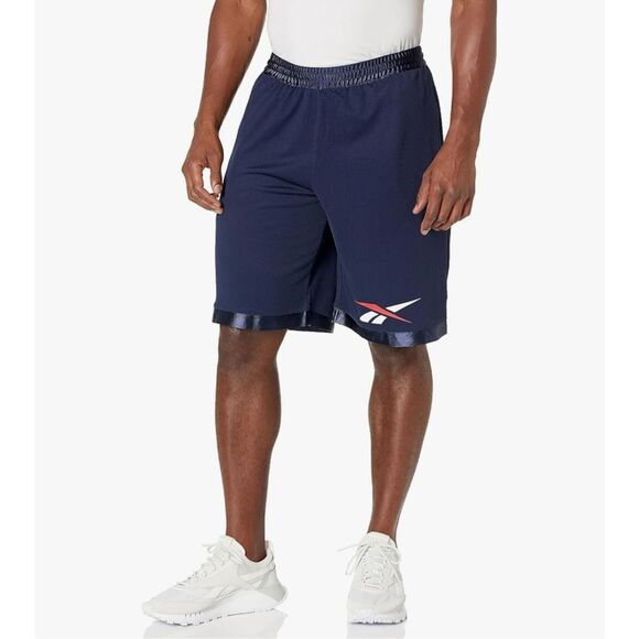 5. Reebok Mesh NWT Logo Print Mesh Basketball Shorts 10in Navy/Red/White - Picture 2 of 5